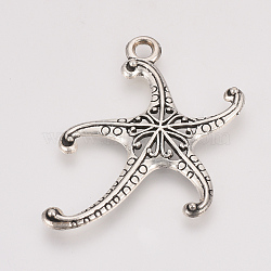 Tibetan Style Alloy Pendants, Starfish/Sea Stars, Cadmium Free & Nickel Free & Lead Free, Antique Silver, 45x29x3mm, Hole: 2.5mm, about 335pcs/1000g(TIBE-T011-55AS-FF)