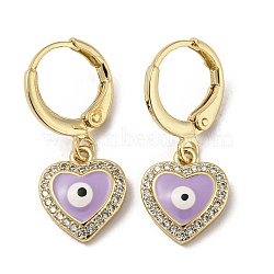 Real 18K Gold Plated Brass Dangle Leverback Earrings, with Enamel and Cubic Zirconia, Heart with Evil Eye, Lilac, 25x10.5mm(EJEW-L269-008G-03)