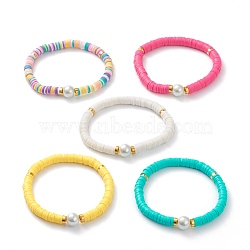 Handmade Polymer Clay Heishi Beads Stretch Bracelets, with Brass Spacer Beads and Round Glass Pearl Beads, Mixed Color, Inner Diameter: 2-3/8 inch(5.9cm)(X-BJEW-JB05759)