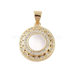 Brass Micro Pave Clear Cubic Zirconia Pendant, with Shell, Flat Round, Real 18K Gold Plated, 18.5x16.5x3mm, Hole: 4x3.5mm(KK-I712-43G)