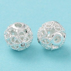 Rack Plating Brass Micro Pave Clear Cubic Zirconia Beads, Long-Lasting Plated, Cadmium Free & Lead Free, Round with Hollow Flower, Silver, 8mm, Hole: 1.4mm(KK-B078-09S)