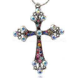 Alloy Rhinestone Big Pendants, Latin Cross Clenchee, Antique Silver, Colorful, 73x51x5mm, Hole: 3mm(RB-J112-37AS)