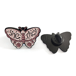 Butterfly with Word She They Enamel Pin, Electrophoresis Black Plated Alloy Badge for Corsages Scarf Clothes, Misty Rose, 17.8x27.9mm(BUER-PW0001-108B)