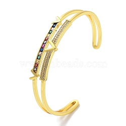 Brass Micro Pave Clear Cubic Zirconia Cuff Bangles, Colorful Glass Bangles for Women, Real 18K Gold Plated, Letter V, Inner Diameter: 2-1/4 inch(5.75cm)(BJEW-Z061-23A)