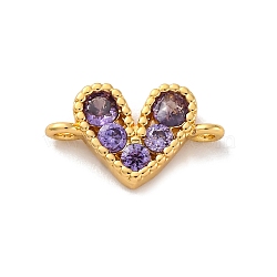 Brass Micro Pave Cubic Zirconia Heart Connector Charms, Real 18K Gold Plated, Rack Plating, Long-Lasting Plated, Lead Free & Cadmium Free, Medium Purple, 8x13.5x2.5mm, Hole: 1.2mm(KK-F894-03G-02)