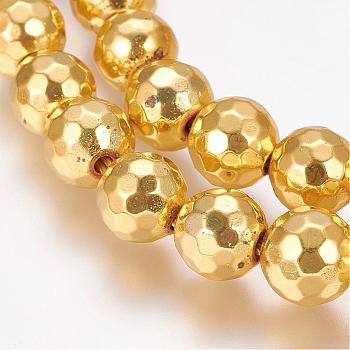 Grade AA Non-Magnetic Synthetic Hematite Bead Strands, Round, Faceted(128 Facets), Golden Plated, 8mm, Hole: 1.5mm, about 53pcs/strand, 15.7 inch(40cm)