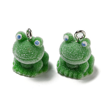 Flocky Resin Pendants, Cute Animal Charms with Platinum Plated Iron Loops, Frog, 21x15.5x16.5mm, Hole: 2mm