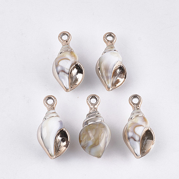 Electroplate Acrylic Pendants, Imitation Gemstone Style, Spiral Shell Shape, Floral White, 32x15x13.5mm, Hole: 3mm