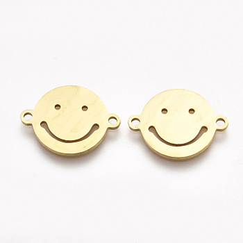 201 Stainless Steel Links connectors, Laser Cut Links, Flat Round with Smiling Face, Golden, 12.5x16.5x1mm, Hole: 1.5mm