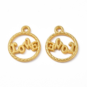 Rack Plating Alloy Pendants, Cadmium Free & Lead Free & Nickle Free, Flat Round with Word LOVE Charms, Matte Gold Color, 19x15.5x2mm, Hole: 1.8mm