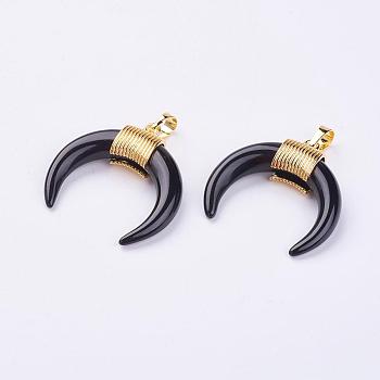Natural Black Agate Pendants, with Golden Plated Brass Findings, Dyed & Heated, Double Horn/Crescent Moon, 32~34x30~33x8.5mm Hole: 5x7mm