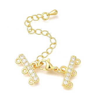 Rack Plating Brass Lobster Claw Clasps, with End Chains and Clear Cubic Zirconia Links, Long-Lasting Plated, Lead Free & Cadmium Free, Rectangle, 3-Strand, 6-Hole, Golden, 23mm, Hole: 1.2mm