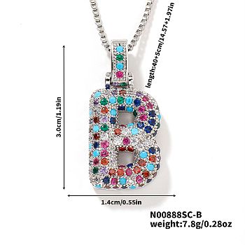 Brass Pave Colorful Cubic Zirconia Letter Pendant Box Chain Necklaces, Platinum, Letter B, 15.75 inch(40cm)