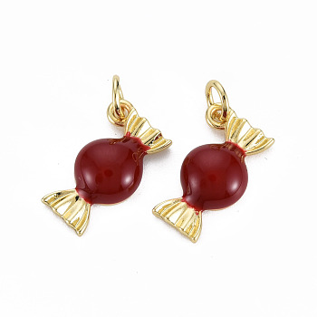 Brass Enamel Charms, with Jump Rings, Cadmium Free & Nickel Free & Lead Free, Real 16K Gold Plated, Candy Shape, Dark Red, 9.5x16x4mm, Jump Ring: 4.8x0.6mm, 3.6mm inner diameter