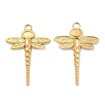 304 Stainless Steel Pendant Cabochon Settings, Dragonfly, Real 18K Gold Plated, Tray: 5x3mm, 33.5x23x2.5mm, Hole: 3mm