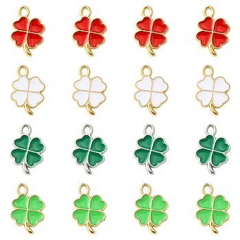 16Pcs 4 Colors Rack Plating Alloy Enamel Pendants, Cadmium Free & Nickel Free & Lead Free, Clover, Mixed Color, 19x13x1.5mm, Hole: 1.6mm, 4pcs/color