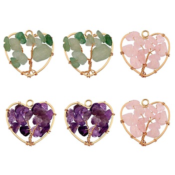 6Pcs 3 Styles Natural Gemstone Pendants, Natural Rose Quartz & Green Aventurine & Amethyst, with Brass Findings and Copper Wire Wrapped, Heart with Tree, Real 18K Gold Plated, 25.5x27x8mm, Hole: 2.6mm, about 2pcs/style