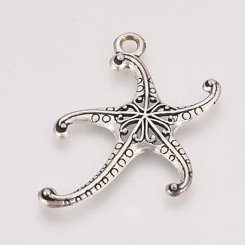 Tibetan Style Alloy Pendants, Starfish/Sea Stars, Cadmium Free & Nickel Free & Lead Free, Antique Silver, 45x29x3mm, Hole: 2.5mm, about 335pcs/1000g