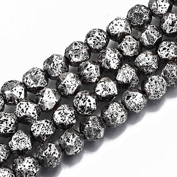 Electroplated Natural Lava Rock Bead Strands, Bumpy, Nuggets, Faceted, Antique Silver Plated, 8x7.5x7.5mm, Hole: 1.2mm, about 46pcs/strand, 14.57 inch(37cm)