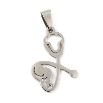 201 Stainless Steel Pendants, Stethoscope, Stainless Steel Color, 30x21.5x1.5mm, Hole: 8x4mm
