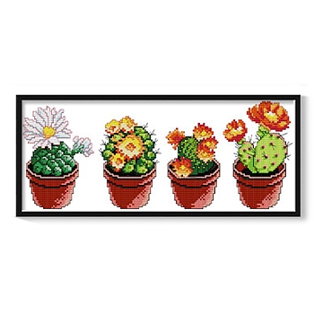 Cactus Pattern DIY Cross Stitch Beginner Kits, Stamped Cross Stitch Kit, Including 14CT Printed Cotton Fabric, Embroidery Thread & Needles, Instructions, Colorful, Fabric: 170x360x1mm