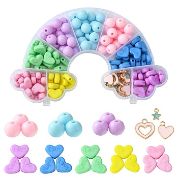 DIY Round & Heart Acrylic Beads Bracelets Jewelry Kits, with Alloy Enamel Charms, Mixed Color, 10x13.5x4.5mm, Hole: 1.8mm