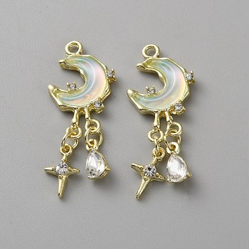 Golden Tone Alloy Pendants, Glass Moon & Teardrop Charms, Light Cyan, 36mm, Hole: 1.8mm