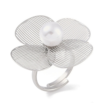 Flower 304 Stainless Steel Adjustable Rings for Women, with ABS Plastic Imitation Pearl, Stainless Steel Color, US Size 8(18.1mm)