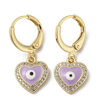 Real 18K Gold Plated Brass Dangle Leverback Earrings, with Enamel and Cubic Zirconia, Heart with Evil Eye, Lilac, 25x10.5mm