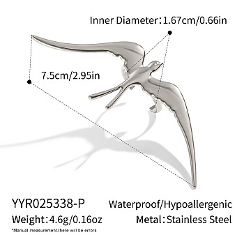 Adjustable 304 Stainless Steel Bird Open Cuff Rings for Women, Stainless Steel Color, 75mm, US Size 6 1/4(16.7mm)