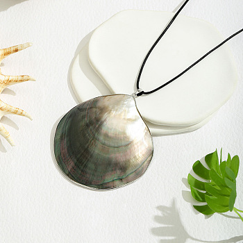 Naatural Paua Shell Shell Shaped Pendant Black Waxed Cord Necklaces for Women, Colorful, 17.60 inch(44.7cm)