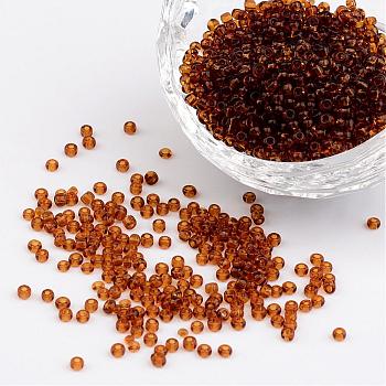 12/0 Glass Seed Beads, Transparent, Round, Brown, 2mm, Hole: 1mm, about 3100pcs/50g