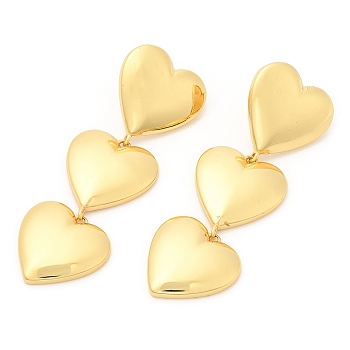 Rack Plating Brass Triple Heart Dangle Stud Earrings, Lead Free & Cadmium Free, Real 18K Gold Plated, 64.5x21mm