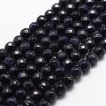 Synthetic Blue Goldstone Beads Strands, Faceted, Round, 4mm, Hole: 1mm, about 93pcs/strand, 14.9 inch~15.1 inch