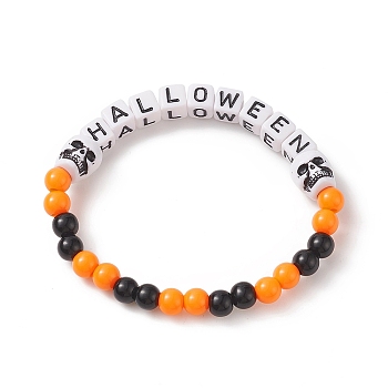 Halloween Theme Acrylic Beaded Stretch Bracelets, Skull Bead Bracelet, Orange, Inner Diameter: 2-1/4 inch(5.6cm)