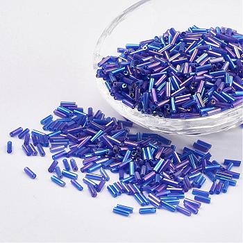 Glass Bugle Beads, Transparent Colours Rainbow, Medium Blue, 9x2mm, Hole: 0.5mm, about 7000pcs/bag