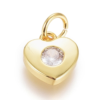 Brass Micro Pave Cubic Zirconia Pendants, with Jump Ring, Long-Lasting Plated, Heart, Clear, Real 18K Gold Plated, 7.5x7x2mm, Hole: 2.5mm