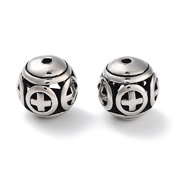 304 Stainless Steel Beads, Hollow, Round with Cross, Antique Silver, 10.5mm, Hole: 1.5mm