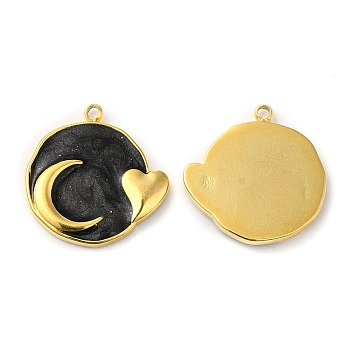 Real 18K Gold Plated 304 Stainless Steel Pendants, with Enamel, Flat Round with Moon & Heart Charm, Black, 17.5x17x2mm, Hole: 1.4mm
