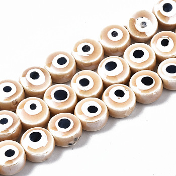 Handmade Porcelain Ceramic Beads Strands, Bright Glazed Porcelain, Flat Round with Evil Eye, BurlyWood, 8x5mm, Hole: 1.5mm, about 40pcs/strand, 12.01 inch(30.5cm)
