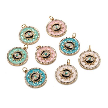 Real 18K Gold Plated Brass Micro Pave Clear Cubic Zirconia Pendants, with Enamel and Jump Rings, Flat Round with Sun & Eye, Mixed Color, 23.5x21x3mm, Hole: 3.5mm