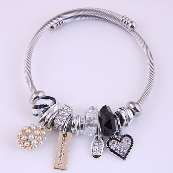 Adjustable Stainless Steel European Bangles, Charm Bangles for Women, Heart & Round & Rectangle & Oval, with Alloy & Rhinestone & Resin Beads, Jet, Inner Diameter: 2 inch(5cm)