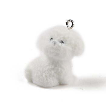 Flocking Resin Cute Puppy Pendants, Dog Charms with Platinum Plated Iron Loops, White, 31x18x24mm, Hole: 2.5mm
