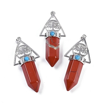 Natural Red Jasper Faceted Pointed Bullet Big Pendants, Rack Plating Brass Tree of Life Triangle Charms, Platinum, Lead Free & Cadmium Free, 56~57x26.5~27x16.5~17mm, Hole: 6x4mm