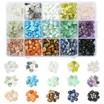 210g 14 Styles Natural Mixed Gemstone Chip Beads and 15g Opaque Glass Chip Beads Kits, 5~8x5~8mm, Hole: 0.3~1mm, 15g/style