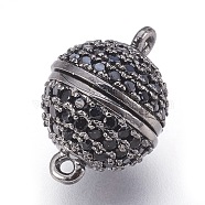 Brass Micro Pave Cubic Zirconia Magnetic Clasps with Loops, Round, Black, Gunmetal, 14x10mm, Hole: 1mm(KK-O106-30A-B)