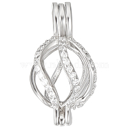 1Pc Rhodium Plated 925 Sterling Silver Empty Bead Cage Pendants, with Cubic Zirconia, Platinum, Oval, 19.5x9.5x10.5mm, Hole: 4x2.5mm(STER-BBC0005-69B)