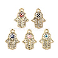 Golden Plated Alloy Enamel Pendants, with Rhinestone, Long-Lasting Plated, Hamsa Hand with Evil Eye Charm, Mixed Color, 20.5x14.5x2.5mm, Hole: 2.5mm(ENAM-K069-36G)