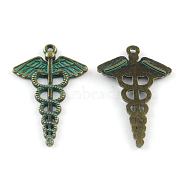 Zinc Alloy Pendant, Cadmium Free & Lead Free, Caduceus Symbol for Medicine, Antique Bronze & Green Patina, 49x30.5x2mm, Hole: 2mm(PALLOY-R065-003-LF)