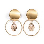 304 Stainless Steel Dangle Stud Earrings, with Brass Rings and Pendants, Ear Nuts, Hamsa Hand/Hand of Fatima/Hand of Miriam, Golden, 46~47mm, Pin: 0.8mm(EJEW-JE03306-01)